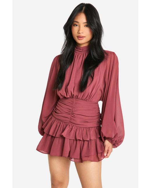 Boohoo Women's Red Petite Chiffon High Neck Ruched Skater Dress