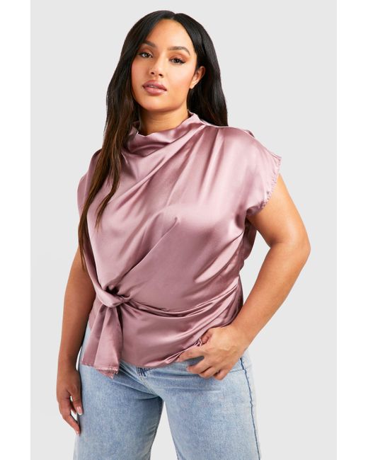 Boohoo Red Plus Knot Cowl Neck Blouse
