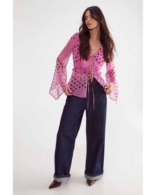 Nasty Gal Pink Polka Dot Ruffle Tie Front Fluted Sleeve Blouse