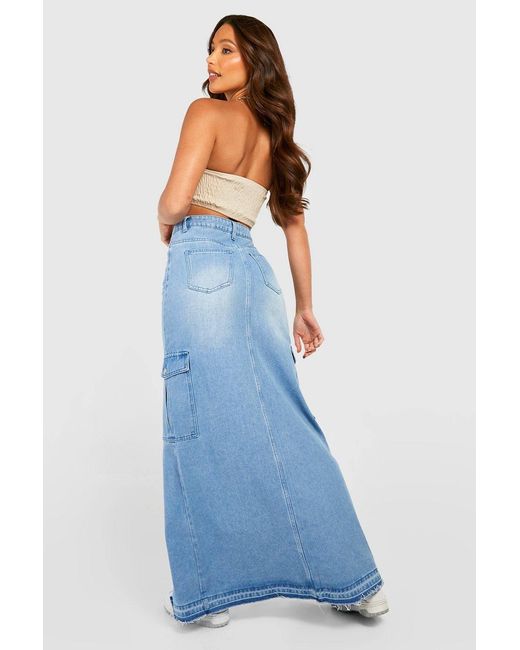 Split Front Plus Boohoo Tall Cargo Split Front Frayed Denim Maxi Skirt in Blue | Lyst