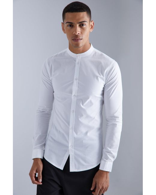 BoohooMAN White Long Sleeve Grandad Collar Stretch Fit Shirt for men