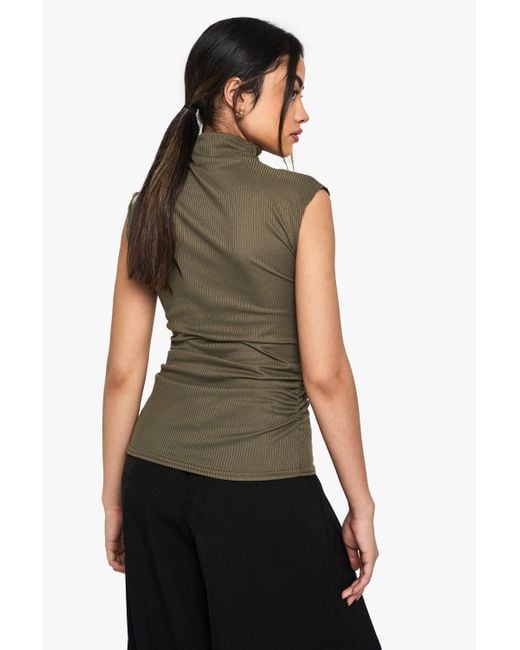 Boohoo Green Soft Rib High Neck Ruched Side Top