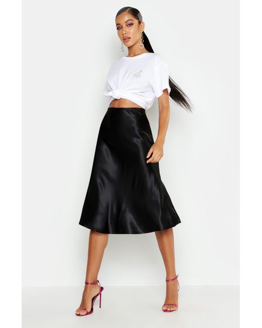 black satin slip midi skirt