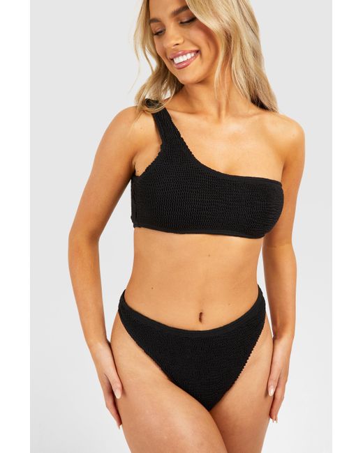 Boohoo Black Premium Crinkle One Shoulder Thong Bikini Set