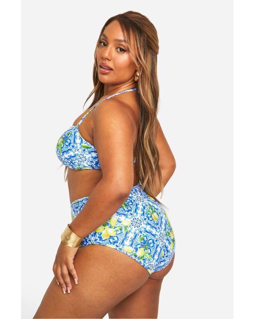 Boohoo Blue Plus Lemon Tile Bikini