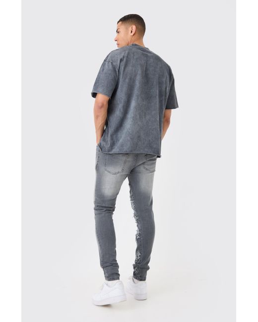 BoohooMAN Skinny Stretch Overdyed Applique Gusset Jeans In Grey in Blue für Herren