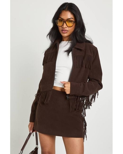Boohoo Brown Tassel Wool Look Jacket