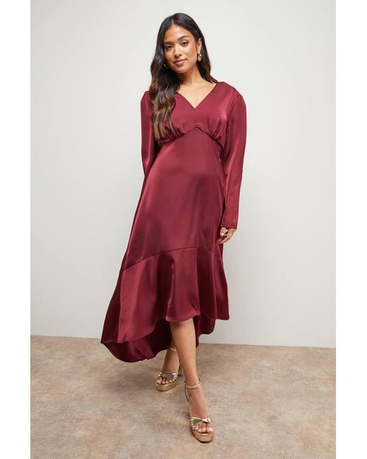 Oasis Red Petite Satin Puff Sleeve V Neck High Low Hem Midi Dress