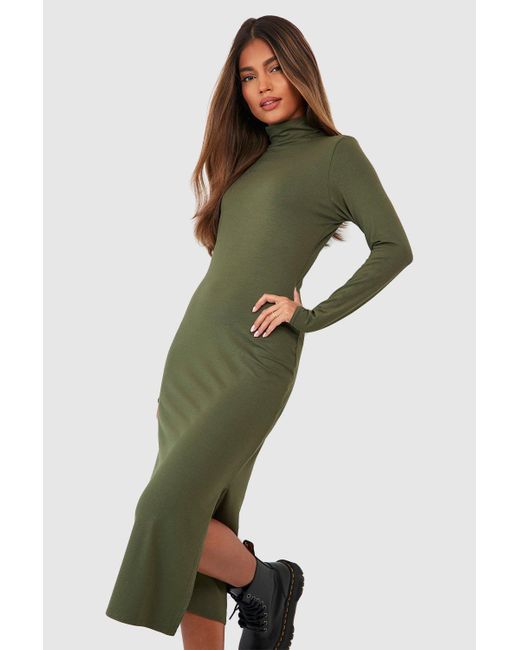 Boohoo Green Jersey Roll Neck Long Sleeve Midi Dress