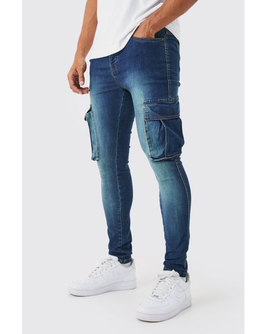 BoohooMAN Blue Super Skinny Stretch Cargo Jeans for men