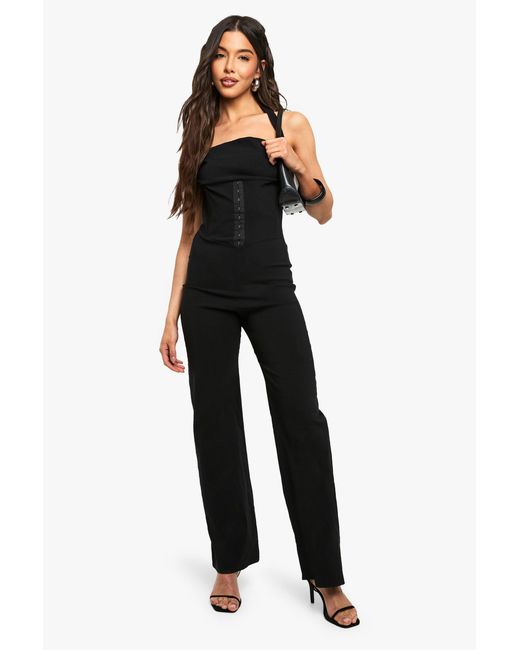 Boohoo Black Bengaline Halterneck Corset Jumpsuit