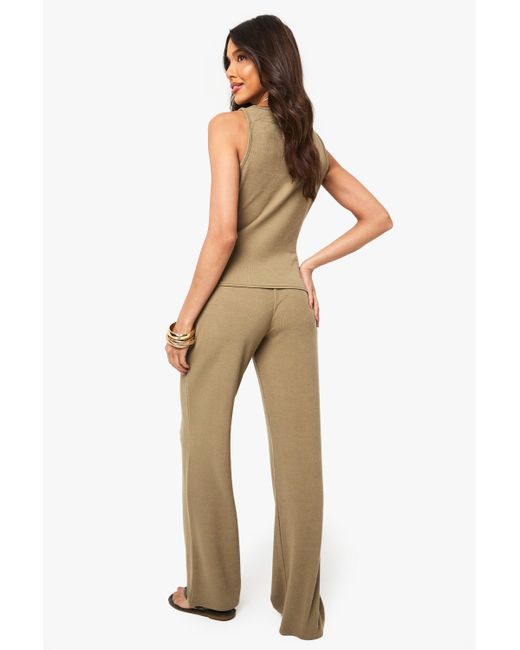 Boohoo Natural Ribbed Henley Button Sleeveless Tank And Straight Leg Trouser Co-Ord