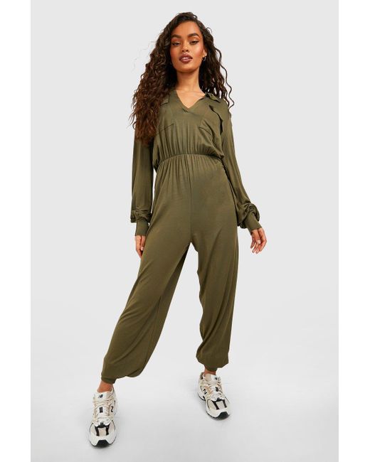 Boohoo Utility Pocket Jersey Jumpsuit in Green | Lyst