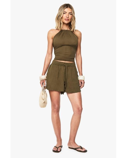 Top De Playa De Estopilla Con Escote Halter Boohoo de color Green