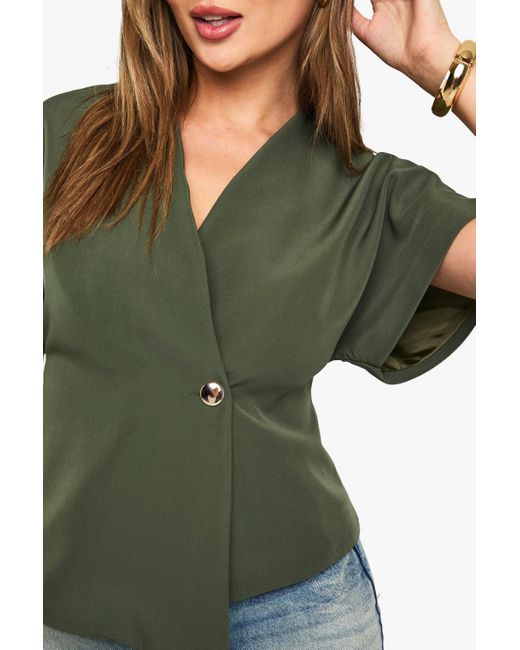 Woven Button Cap Sleeve Top Boohoo de color Green