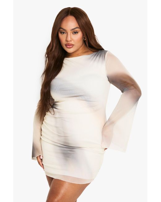 Boohoo White Plus Abstract Mesh Ruched Mini Dress