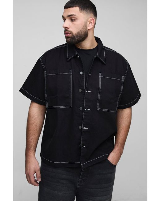 BoohooMAN Plus Oversize Hemd mit Kontrast-Naht in Black für Herren