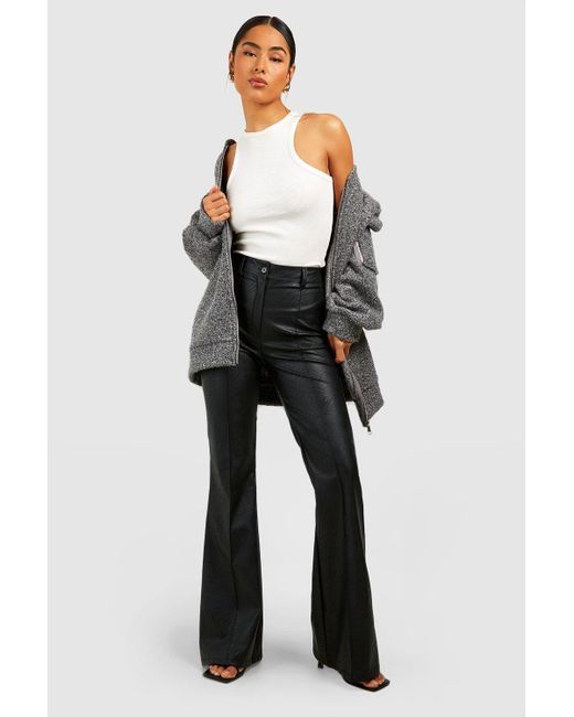 Boohoo Black Leather Look High Waisted Seam Front Flared Trousers