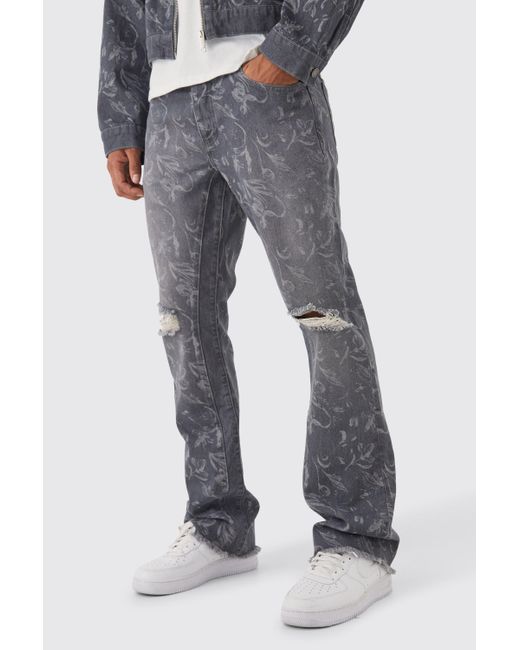 BoohooMAN Gray Slim Flare Laser Print Gusset Jean for men