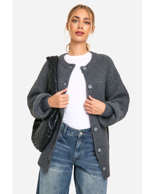 Boohoo Gray Knitted Oversized Boxy Button Front Cardigan