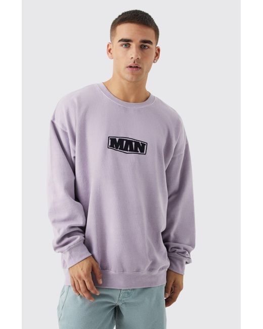 BoohooMAN Purple Oversized Acid Wash Man Embroidered Sweatshirt for men