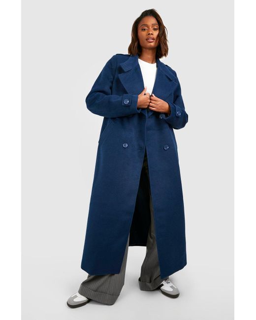 Boohoo Blue Collar Detail Double Breasted Wool Maxi Coat