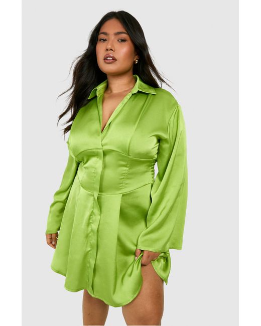 Boohoo Green Plus Satin Corset Detail Flared Sleeve Shirt Dress