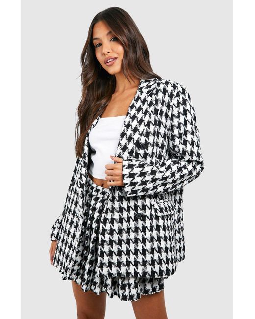 Boohoo White Premium Houndstooth Double Breasted Boucle Blazer