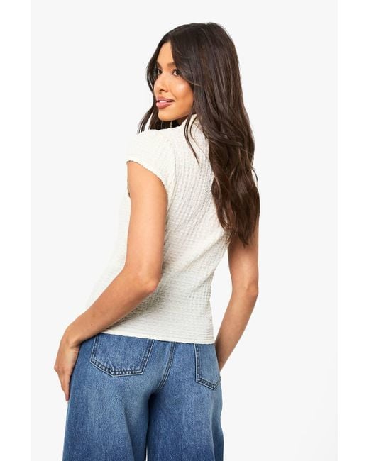 Boohoo White Textured Cap Sleeve Button Through Top