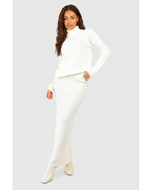 Boohoo White Cable Turtleneck Sweater And Maxi Skirt Knitted Two-piece