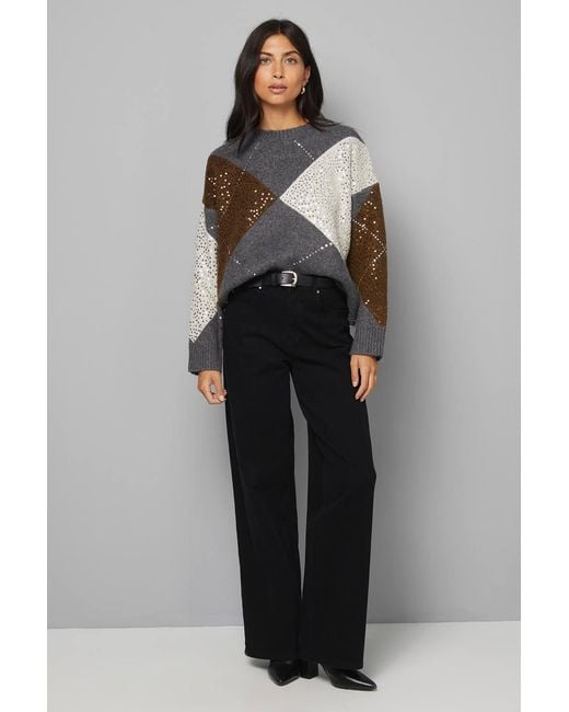 Wallis Gray Oversized Argyle Sweater