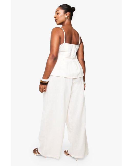 Boohoo White Plus Linen Look Pleated Square Neck Cami Top And Wide Leg Pants Co-Ord