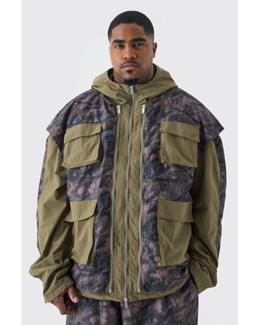 BoohooMAN Green Plus Washed Ripstop Nylon Camo Utility Jacket for men