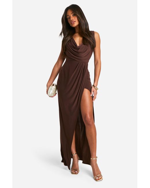 Boohoo Brown Slinky Rouched Wrap Maxi Dress