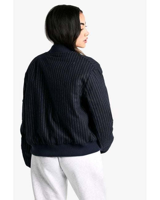 Boohoo Blue Pinstripe Wool Look Bomber Jacket