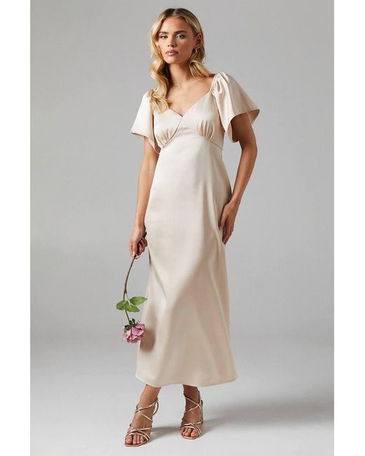 Oasis Natural Petite Angel Sleeve Satin Bridesmaid Midi Dress