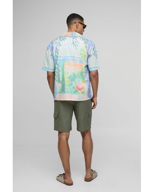 BoohooMAN Green Elasticated Waist Relaxed Fit Mid Length Linen Blend Cargo Short for men
