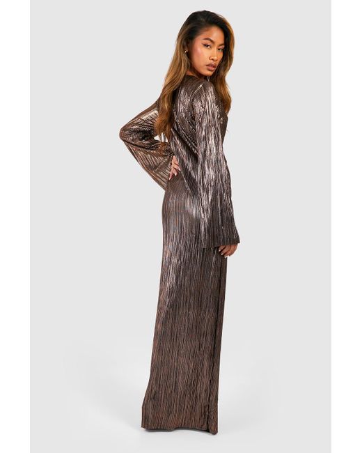 Boohoo Brown Metallic Plisse Flare Sleeve Maxi Dress