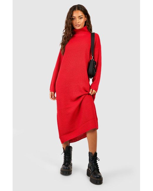 Boohoo Red Roll Neck Knitted Midi Dress