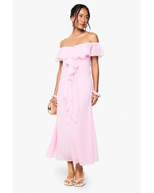 Boohoo Women's Pink Chiffon Bardot Ruffle Midaxi Dress