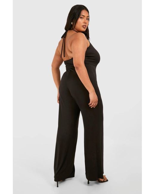 Boohoo Black Plus Super Soft Basic Tie Low Back Beach Jumpsuit