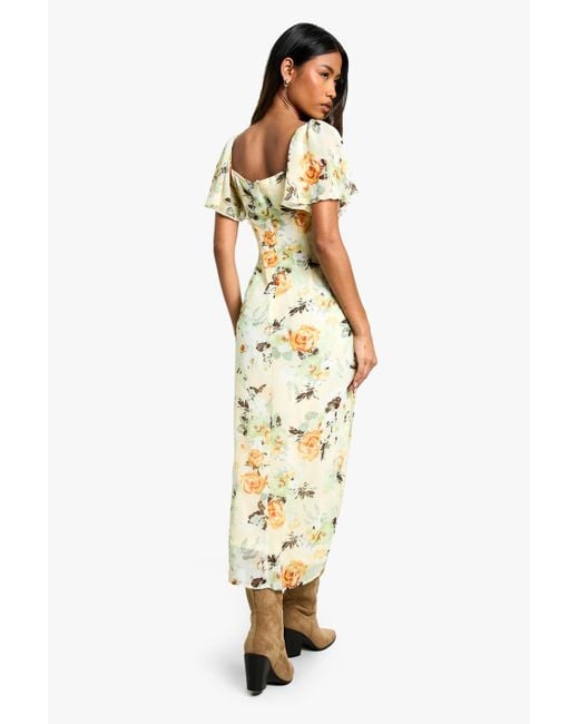 Boohoo Yellow Floral Angel Sleeve Midaxi Dress