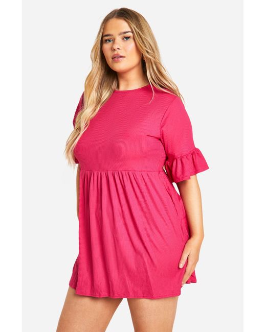 Boohoo Pink Plus Basic Ruffle Sleeve Rib Smock Dress