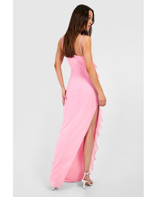 Boohoo Pink Tall Chiffon Ruffle Asymmetric Hem Maxi Dress