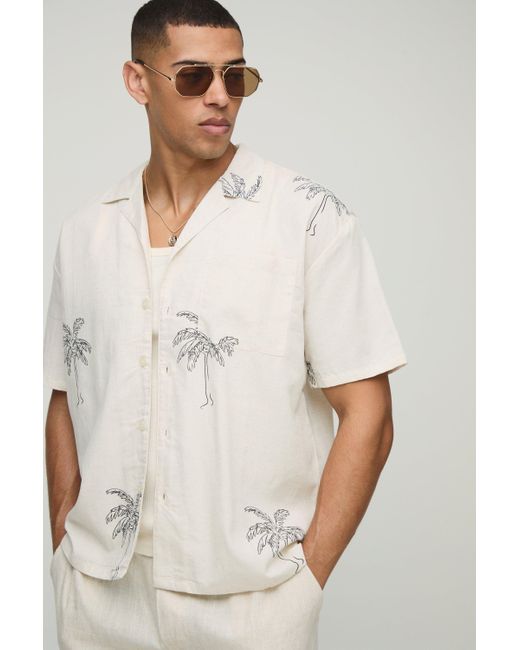 BoohooMAN White Oversized Linen Blend Palm Printed Short Sleeve Shirt for men