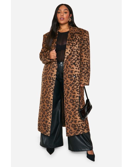 Abrigo Plus Oversize Efecto Lana Con Estampado De Leopardo Boohoo de color Brown