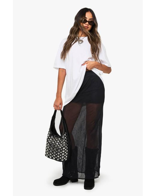 Boohoo Black Hammered Mesh Lined Maxi Skirt