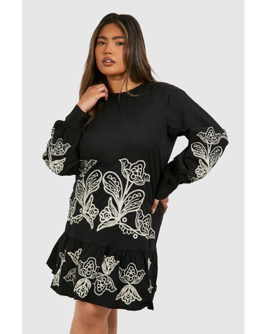 Boohoo Black Plus Woven Embroidery Detail Frill Hem Long Sleeve Dress