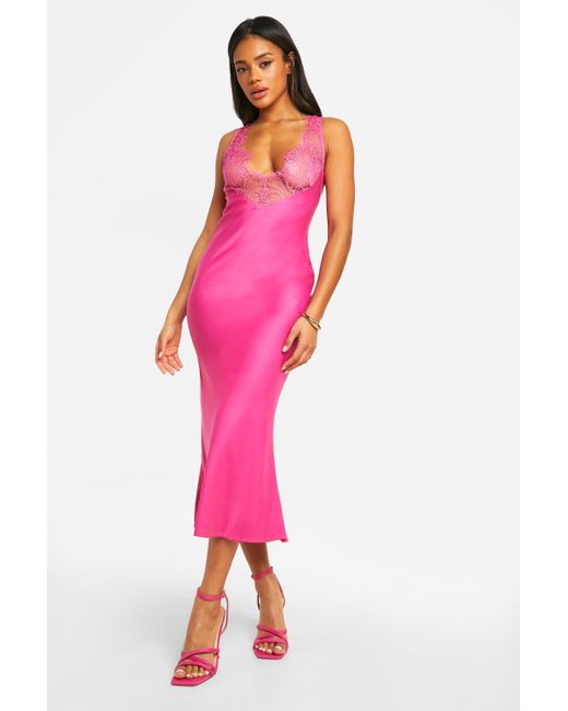 Lace Trim Satin Midi Slip Dress Boohoo de color Pink