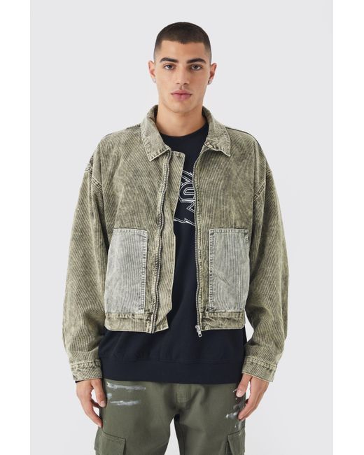 Boohoo Boxy Colour Block Acid Wash Corduroy Jacket in Gray Lyst